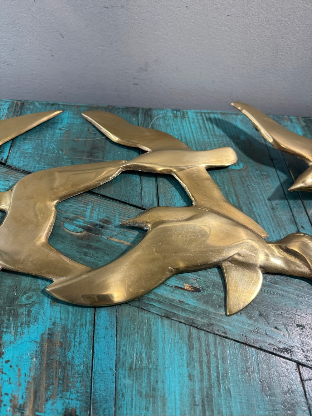 Vintage Mid Century Modern Brass Seagulls in Flight Wall Hanging 24" x 9" - Picture 7 of 16